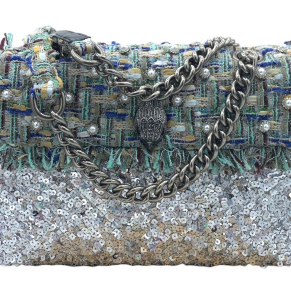 Kurt Geiger London Sequin and Tweed Kensington Mini Sling Bag in Pale Blue